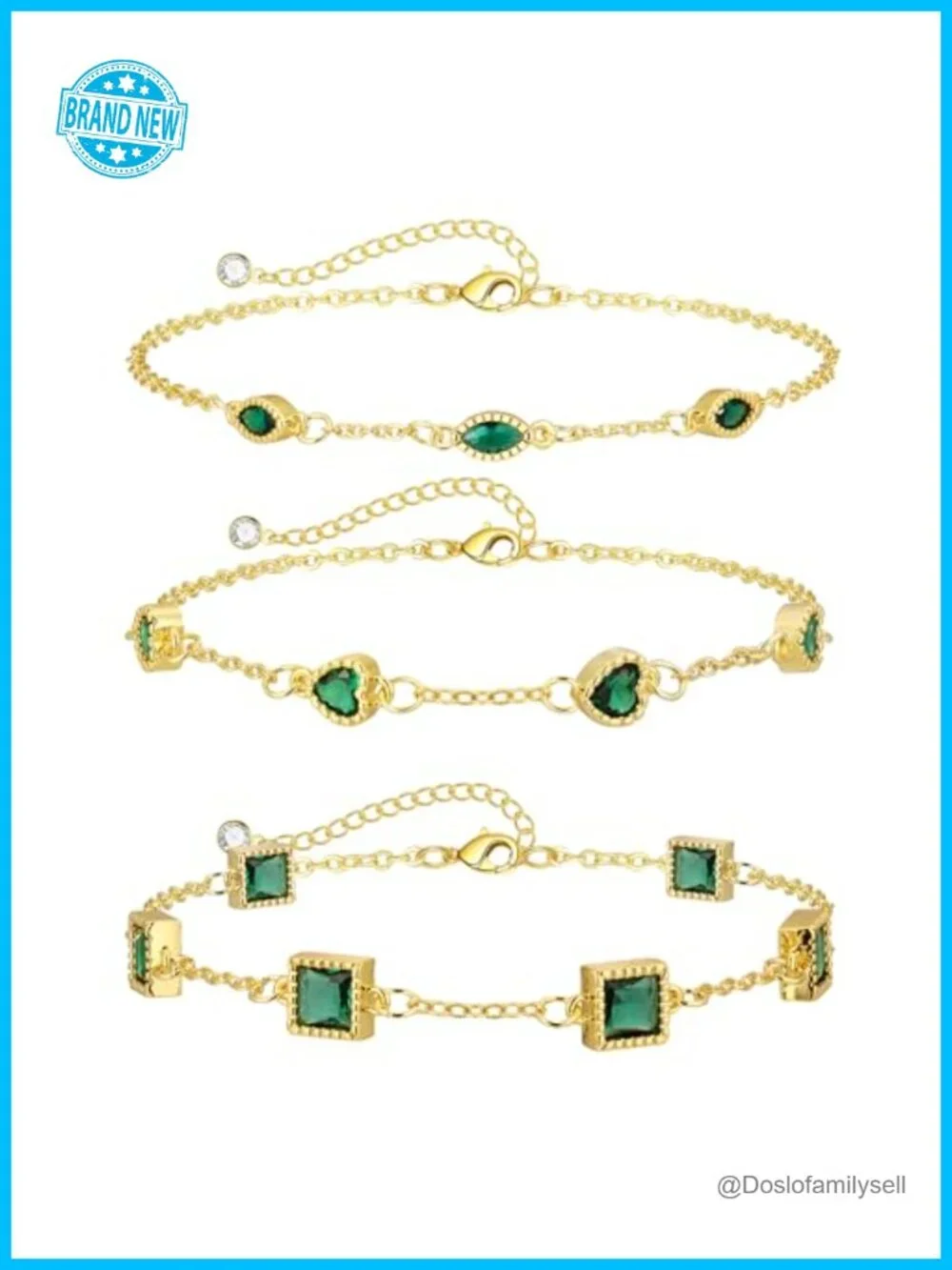 14K Gold Plated Dainty Link Bracelet Set with Green CZ Stones Stackable Jewelry
